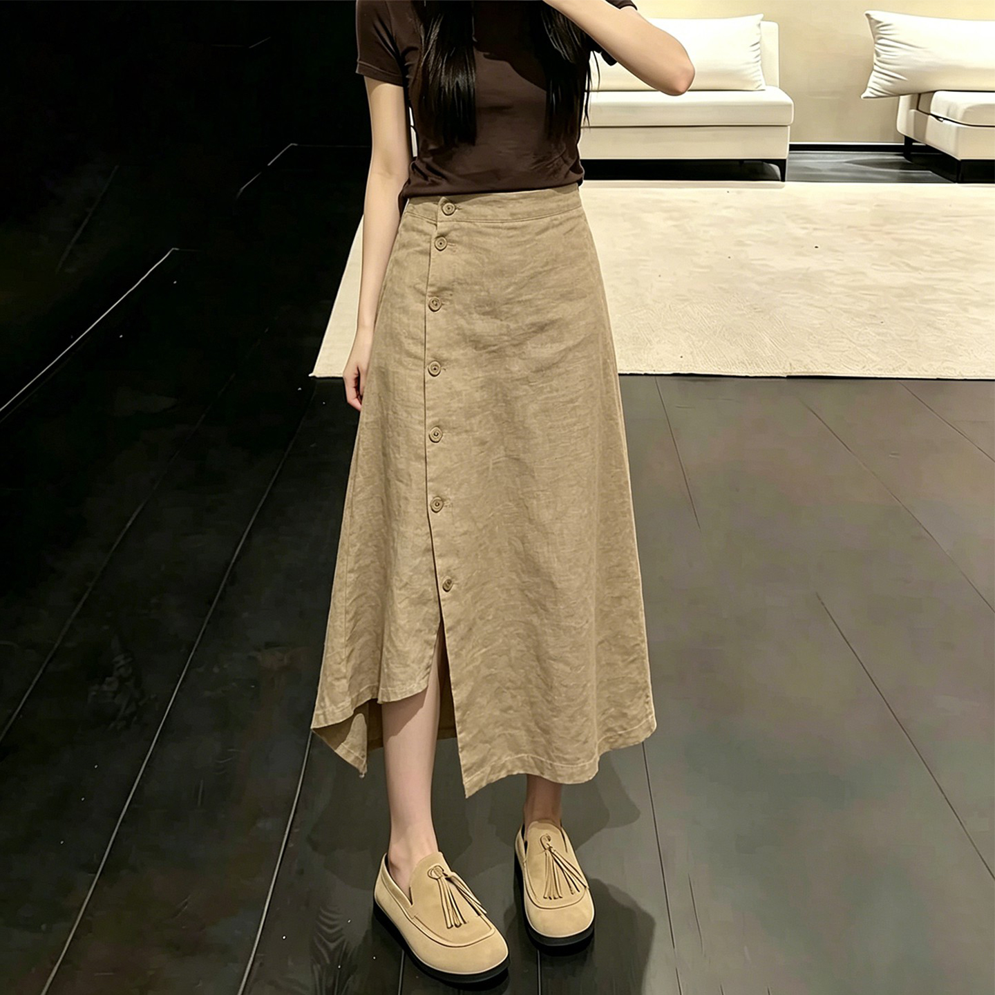 卡其色排扣卡其半身裙女2026夏季流行新款高级感时尚百搭不规则裙